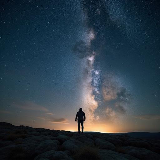 Stargazer silhouetted against the Milky Way in a clear night sky. Rocky terrain in the foreground. Stars twinkling overhead. Cosmic beauty displayed magnificently.