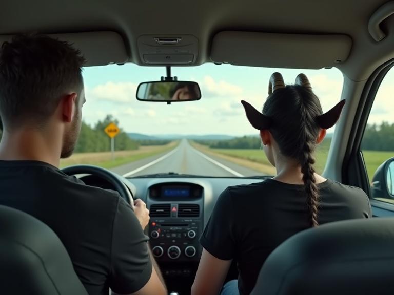 Inside a car looking from the back seat towards the front. A man drives with unique features. A humanoid goat woman sits beside him. She looks out the window while he concentrates on the road. Daytime in the countryside with a road sign visible. Trees and hills appear outside. Sky is blue with soft clouds. High detail and realistic focus.
