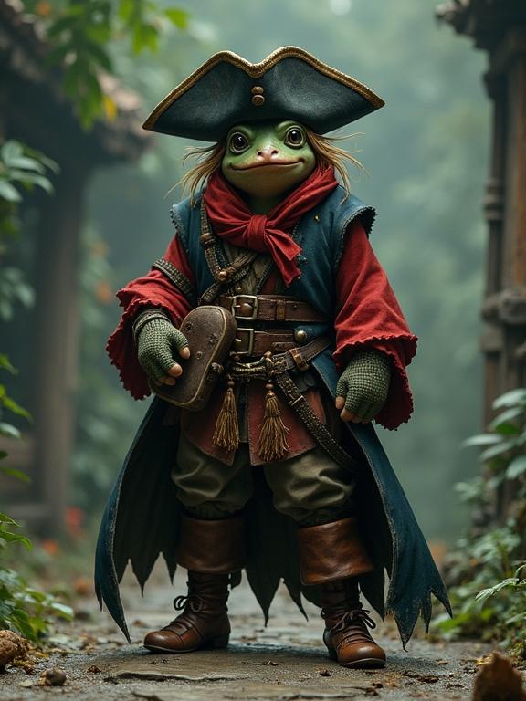 Frog as a pirate character in fantasy setting. Frog has a pirate outfit. Background shows a mystical path through the trees.