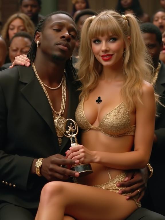 Scene in awards show featuring a couple. Woman is busty with sharp bangs and long blonde twintails. She has big blue eyes. Woman wears a gold pushup bikini, deep cleavage, black spade pendant, high heels. An older black rapper is present. They sit closely together. Woman smiles at viewers. She holds an award. Man holds her around the neck. Woman looks flushed and intoxicated. She dances energetically. Other men crowd closely. Full body shot. Recording screen.