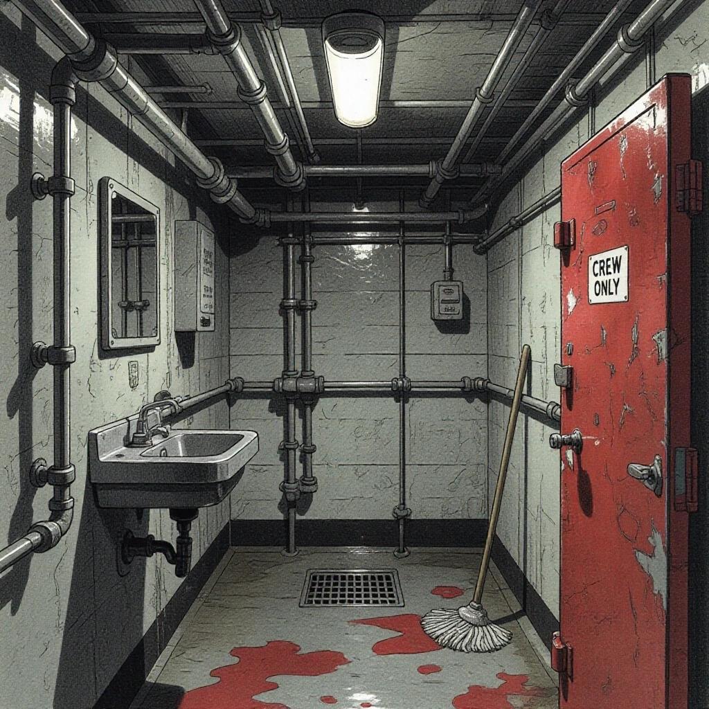 Pencil sketch of a narrow dimly lit technical bathroom on the lowest deck of a ferry with industrial pipes along the ceiling and walls; metal sink bolted to wall; flickering fluorescent light above; wet floor spots; drain in center; mop leaning in corner; cracked small mirror; faded 'Crew Only' sign on rusted door; gritty textured style reminiscent of European comic artists.