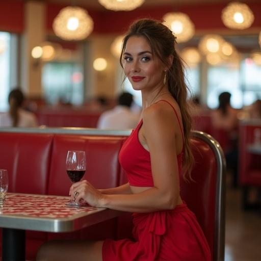Image of a waitress wearing a red outfit in an American diner. She sits at a table, holding a glass of red wine. The diner features classic decor and a warm inviting atmosphere.