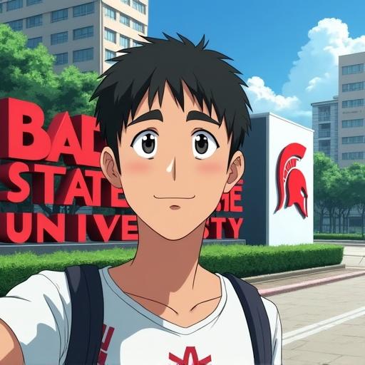 Anime style image of a young man taking a selfie. The man has short dark hair and light complexion. He wears a white t-shirt with a graphic and a backpack strap. Nearby is a university sign with large letters saying Batangas State University and a Spartan helmet symbol. The scene is outdoors with green shrubbery and buildings in the background with a cloudy sky.