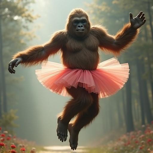 Bigfoot wearing a pink tutu is jumping in the air with legs spread out in a dance pose. The background features a forest with soft sunlight filtering through trees.