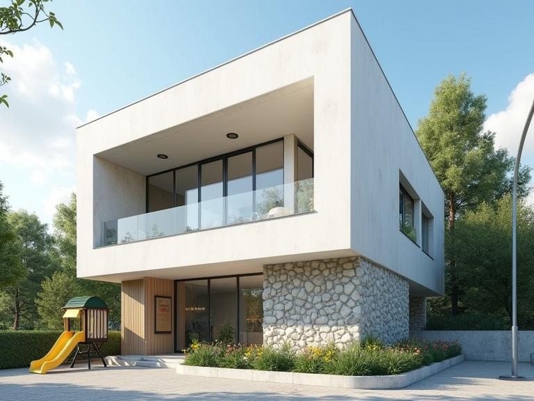Realistic image of modern architectural photography. Structure features angular geometric design with clean lines. Constructed from white concrete and textured rock. Upper section has rectangular concrete panels and glass windows. Lower section contrasts with patterned rock. Surrounded by trees and plants. Small flower garden in front. Playground structure with yellow slide visible. Light blue sky with fluffy clouds. Image conveys modernity and harmony with nature.