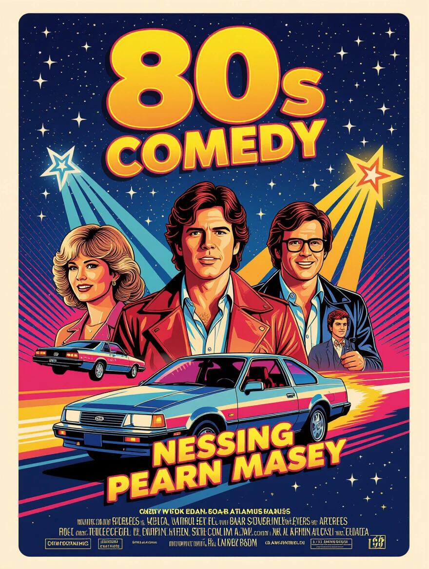 80s comedy movie poster features vibrant colors and retro design. Characters positioned in dramatic poses. A retro car is at the forefront. Starburst patterns add energy. Nostalgic elements highlight the fun of 80s comedy films.