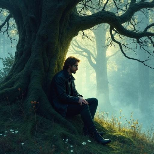A man with straight hair wearing glasses and a black leather jacket sits under a gnarled tree in a misty forest. Light weaves through branches illuminating his jacket and casting shadows. The air thick with damp earth and blooming night flowers. Evoke dreamy ambiance of illustrations with soft watercolors and detailed linework. Add bioluminescence and animation for an otherworldly atmosphere.