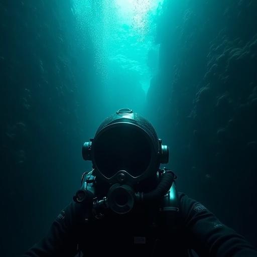 POV diving helmet view descending into deep ocean with fading light. Murky blue-black water creates suspenseful atmosphere. Realistic underwater particles enhance the cinematic shot.