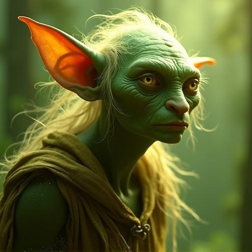 Goblin character created with dusky-green and yellow-green color themes. Character has prominent facial features with an elaborate expression and wisps of light surrounding it.