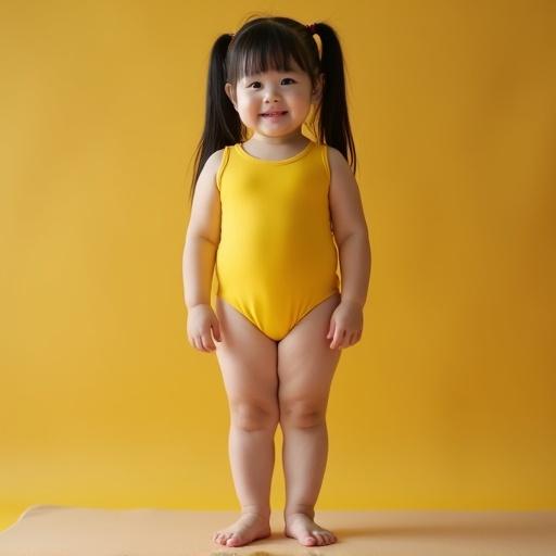 Chubby girl wearing a strappy tight yellow gymnastic unitard. She is barefoot on a mat. The photo has a portrait style with a 4:3 aspect ratio.