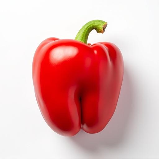 A single red bell pepper on a white flat surface captured by a camera directly above. The view shows the bell pepper's shape and vibrant color from a top-down perspective.