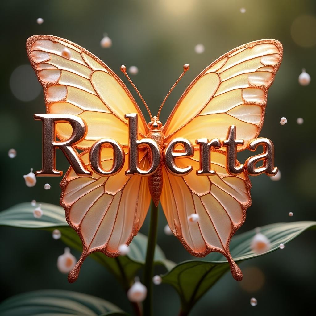 Rose gold butterflies with white lilies. Name Roberta displayed in large, beautiful glowing font. Reflection effect is subtle.