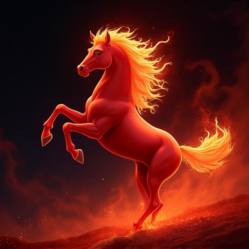A majestic fiery light red horse rearing up against a dark swirling background. Inspired by Disney animations with anime elements.
