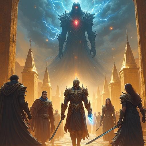 A dramatic fantasy book cover featuring a diverse group of heroic characters in ornate armor and flowing robes with swords and magical energy. Set against a towering golden cityscape with spires. A menacing shadowy figure with glowing red eyes looms above, illuminated by lightning and ethereal blue energy arcs. Highly detailed with rich warm and cool color tones for an epic and mystical atmosphere.