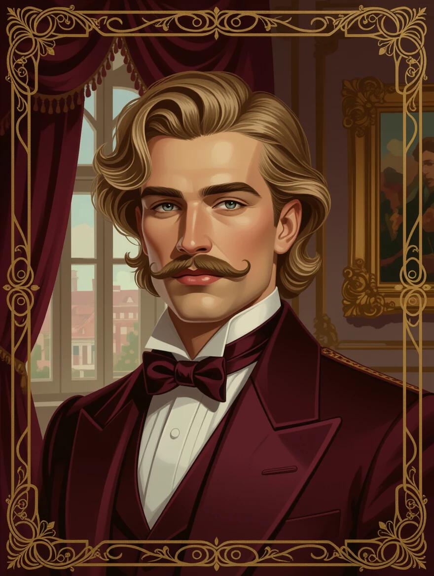 An oil portrait features a handsome wavy blonde-haired man wearing modern burgundy formalwear. The setting is a dim mansion room with an ornate art nouveau border. The color scheme emphasizes burgundy tones creating a dark and mysterious atmosphere.