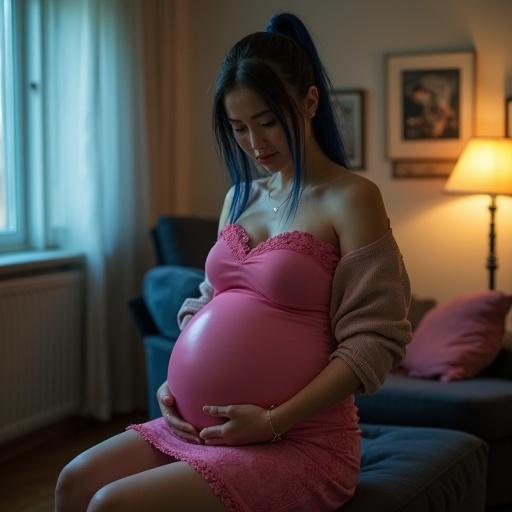 Pregnant woman seated in a casual setting. Soft light creates a warm ambiance. She wears a short pink bodycon dress with a lace sweater. She is comfortable, resting her feet on a couch. Her hands cradle a large baby bump. Hair is styled in a blue ponytail and she appears concerned. Converse shoes and an ankle bracelet complete the look.