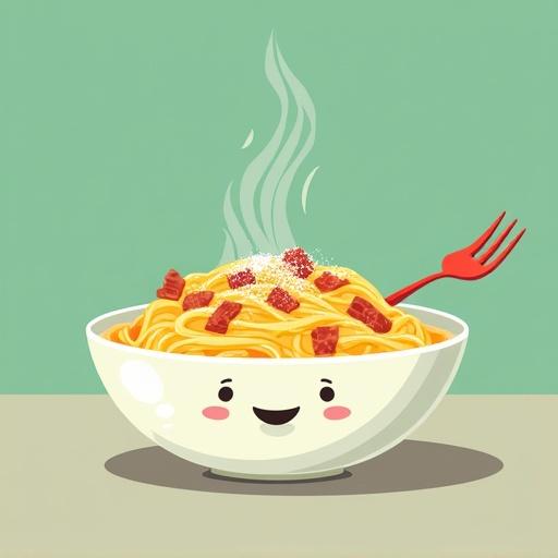 Colorful cartoon-style illustration of Spaghetti Carbonara in a bowl. Clean lines. Flat vibrant colors like green yellow red blue. Cheerful inviting vibe. Steaming pasta with creamy sauce bacon bits grated cheese. Simple solid background. Playful fork smiling plate soft curves minimalistic design.