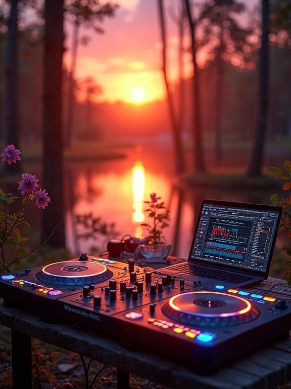 A stunning sunrise in a forest clearing. The sky explodes with orange pink purple and gold. Sunlight beams through the trees illuminating a complete DJ table on natural wood. The equipment includes controllers mixers and a futuristic laptop. Speakers are strategically placed among trees. Colorful wildflowers form a circle around the setup. Small colorful birds observe from nearby branches. A crystal clear lake reflects the vibrant scene. Visible colorful sound waves emerge from speakers mixing with butterflies and dragonflies. Vinyl records float magically in the air reflecting sunrise colors. Paper lanterns and crystals hang on nearby trees refracting light. Soft morning mist creates an ethereal effect while subtle embedded LED lights pulse to an imaginary beat. A banner with 'SUNRISE BEATS' or 'NATURE RHYTHM' floats between trees with letters appearing like sunlight.