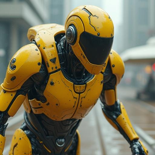 Android man in gunmetal and yellow colors engaged in an action scene with intricate details and ultra HD resolution. Captured using a Canon f/1.8 lens.