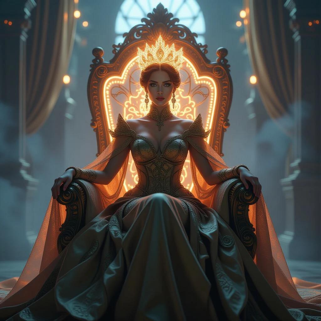 Regal woman wearing an intricate baroque gown seated on a neon-lit throne. She has a glowing circuit-etched crown. The environment has ornate golden drapery and holographic textures. Ethereal ambient mist surrounds her. The lighting is soft with glowing reflections. The scene is hyper-detailed and combines Baroque painting with cyberpunk elements.