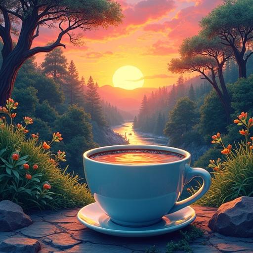 Vibrant sunset illustration with reflective river and large coffee cup surrounded by greenery and colorful flowers in a peaceful landscape.