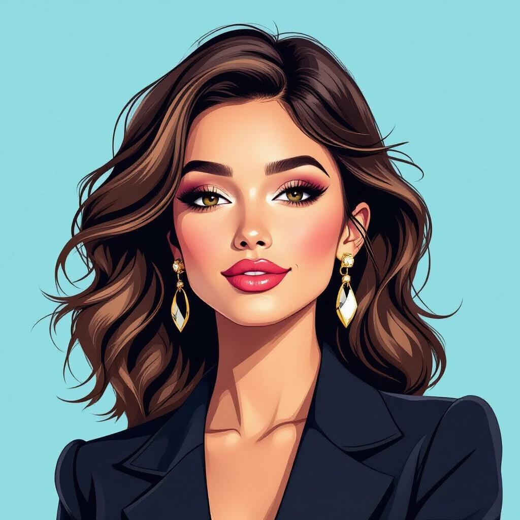 a portrait of a woman with captivating style, wavy hair, stylish earrings, soft blue background, focus on hair and outfit, modern illustration