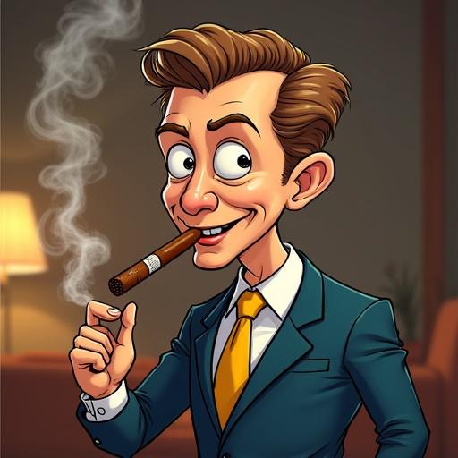 Cartoon character wearing a suit smokes a cigar. The character has a confident expression and stylish hair. Warm lighting in the background. The overall style is humorous and modern.