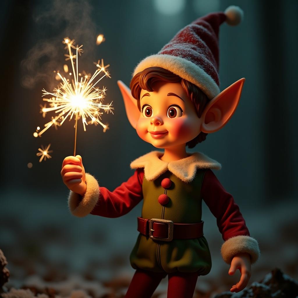 This image features a charming elf named Dylan, holding a sparkler in a snowy forest at twilight. Dylan is wearing a festive green outfit with red accents and a classic red and white striped hat. The sparkler emits a warm golden glow, illuminating his cheerful face. Snowflakes can be seen in the background, adding to the winter wonderland atmosphere. The enchanting setting coupled with the elf's joyful expression evokes feelings of excitement and holiday cheer.