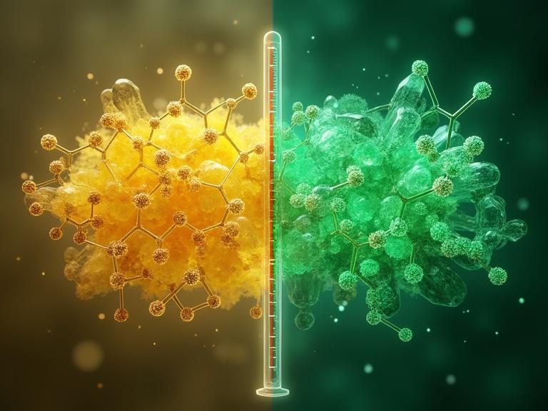Illustration of dimethyl-4,7-di(2-thienyl)-2,1,3-benzothiadiazole-5,6-dicarboxylate. Display both disordered and crystalline states. Left side in diffuse yellow, right side with sharp green crystals. Include a thermometer showing 80 °C. Use colorful fluorescence for emission. Overlay rotating thiophene groups for isomerization. Show subtle hydrogen bonds in crystal. Background split with soft texture for amorphous and geometric for crystalline. Clean layout for a chemistry journal cover.