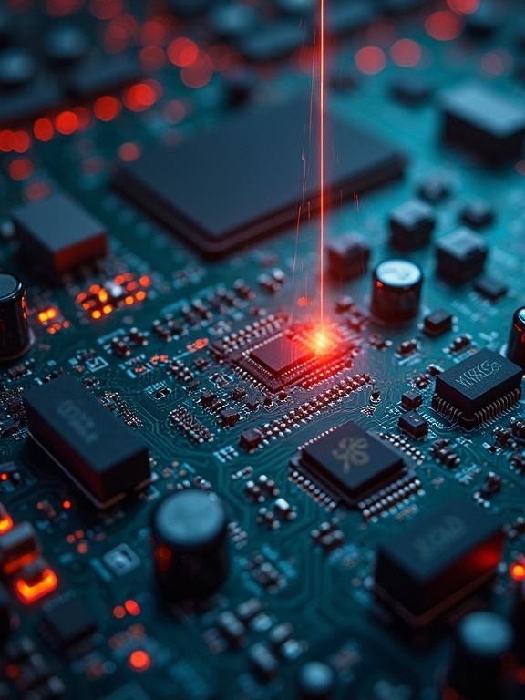 Capture an electronic conductor on a circuit board. The conductor emits light, highlighting its function. Show intricate details of the components.