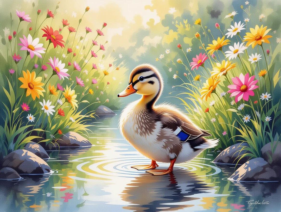 Artwork featuring a cheerful duckling standing in a sunlit river surrounded by vibrant wildflowers. The style blends watercolor techniques with a cinematic feel. The scene captures the harmony of nature and playful wildlife amidst a beautifully chaotic floral arrangement.