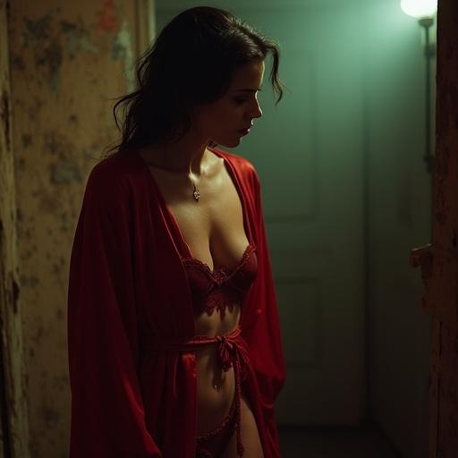 A woman stands in a dim room wearing a blood-red satin robe. She is half-dressed, fingers touching a lace garter. Shadows loom in the background. The scene hints at tension between performance and vulnerability. A serpent tattoo is visible on her hip. The light comes from a flickering car headlight, creating a moody atmosphere. The photograph appears slightly out of focus, adding an ethereal quality. The moment feels unresolved, portraying desire and the hidden aspects of her life.