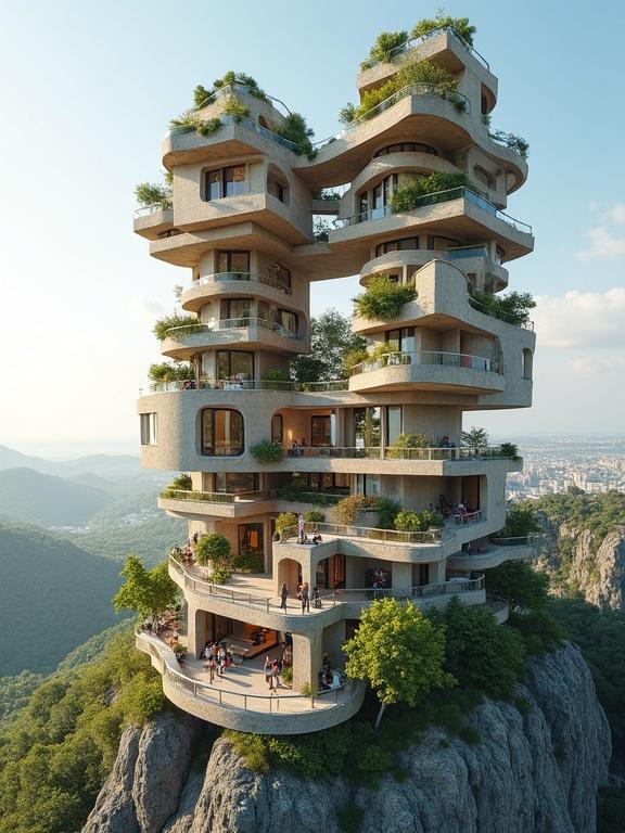 Interlocking structure design of a condo house on a mountain. Playful u-shape forms with greenery. Captivating outdoor areas with monumental backdrops. Unique architectural style blending nature and structure.