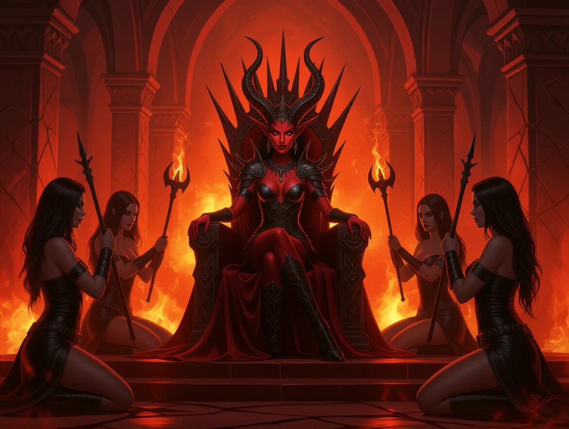 Demon Queen seated on ominous throne in a fiery realm. Dark majesty depicted with red and black skin, golden eyes, and wicked horns. Surrounding women in leather performing sinister ritual. Broken Paladin lies at her feet.