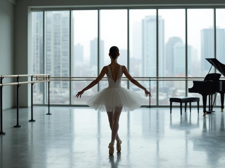 Ballerina in full costume stands in a large dance studio. Mirrored walls and barres are present. A floor to ceiling window displays a winter city view. A baby grand piano sits in the corner of the studio.