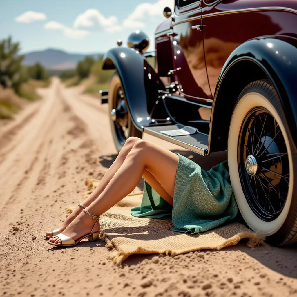 Elegant legs and lower body of a woman appear beneath a 1928 Ford Model A on a dusty road. Woman repairing undercarriage while lying on a burlap mat. Legs bent at knees, wearing T-strap heels and sheer stockings, dressed in jade green silk crepe dress. Warm golden-hour light reflects off a chrome hubcap. Sparse rural landscape with distant hills and soft gradient sky. Captured with a vintage Leica I camera.