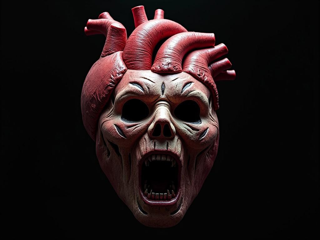 The image features a macabre mask combining a human skull with elements resembling a human heart, creating a fusion of anatomical and horror themes. The mask is detailed with veins and arteries, emphasizing the fusion between human anatomy and terror. Set against a dark background, the image gives off a chilling effect, highlighting the red and flesh tones of the mask.