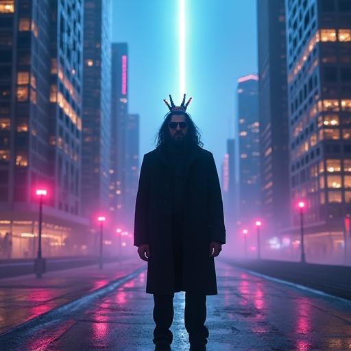 Surreal cyberpunk messiah in futuristic city at night. Symmetrical V-shaped skyline in background. Glowing skyscrapers form cathedral-like corridor. Meteor descends with radiant energy beam. Moody atmosphere with vaporwave colors. Long shadows on wet pavement. Man has long wavy hair, thick beard, sunglasses, wearing audio cables crown, dark coat. Centered composition with synthwave aesthetic.