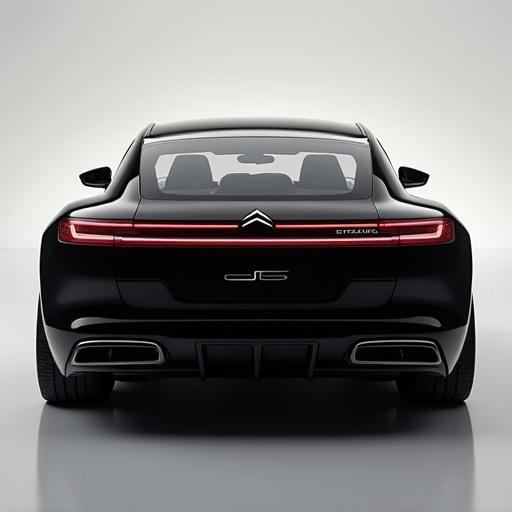 CITROEN C6 2026 E-segment saloon painted black with 19 inch alloy wheels. The design is inspired by Citroen METROPOLIS Concept. This image shows a rear view of the car.