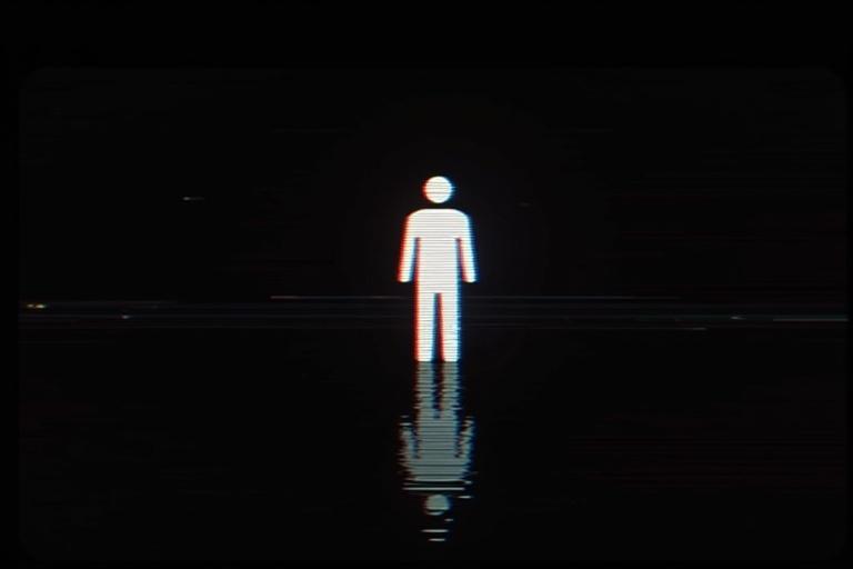 Symbolic representation of disturbing themes in horror. Person icon shows a minimalist figure. Black background with glitch effects. High-resolution style reminiscent of retro CRT monitors. Eerie atmosphere evokes unease. Visually unsettling with surreal elements.