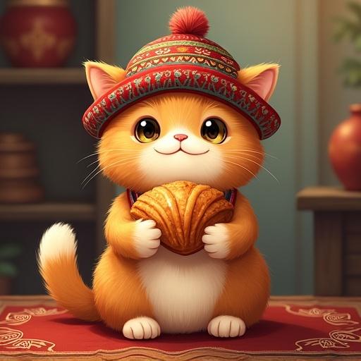 Illustration of a fluffy ginger cat wearing a traditional Tatar hat. Cat sits upright holding an echpochmak in its paws. Background is warm and festive with cultural elements. Style is vibrant and whimsical with soft lighting.