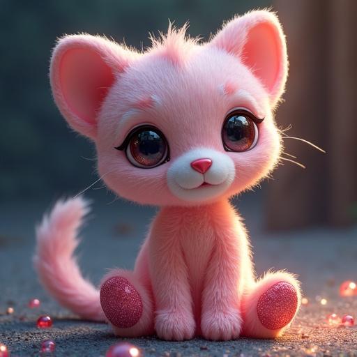 Plush toy resembling a cute character with a soft pink color and gem-like features. Big expressive eyes, small nose, and fluffy appearance. Glittering gems around the character.
