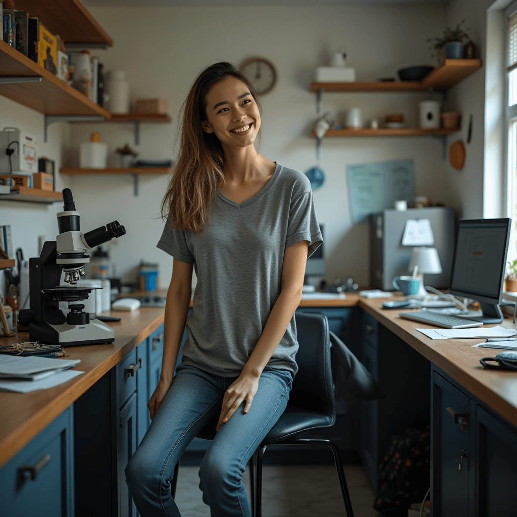 A smiling person sits in a cozy laboratory with a microscope and computers on the desk.