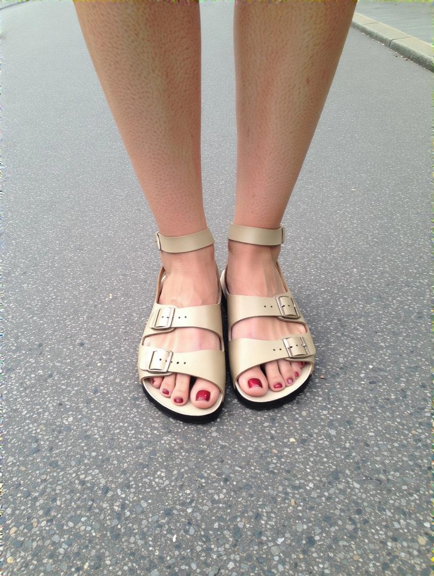 Image of a pair of feet wearing beige sandals. The focus is on the sandals displayed on a gray pavement.