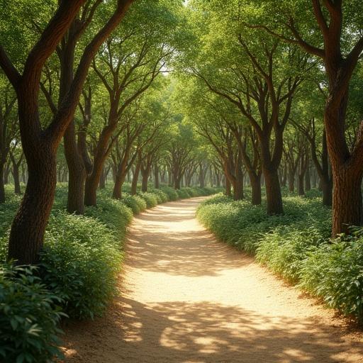 Hyper-realistic image of a serene woodland path. Path surrounded by twisted trees. Dense green foliage creates a canopy. Sunlight filters through, casting dappled shadows. Rich textures of tree bark visible. Leaves move gently in the breeze. Warm earth tones prominent. Shot from elevated angle. Path curves gently, adding depth and calmness. Ultra-detailed lighting enhances lifelike experience.