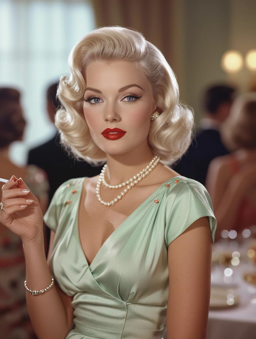 A stunning 1940s woman with platinum blonde voluminous hair. She has flawless makeup with winged eyeliner and ruby red lipstick. She wears a casual 1940s party dress that complements her high heels. She holds a cigarette away from her body at a house party. The setting features soft lighting and elegant decor. The pose reflects mid-century sophistication and leisure standing in a group of people.
