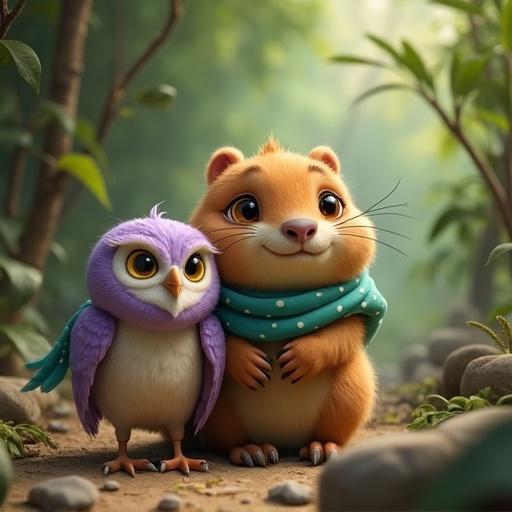 Adorable capybara and owl in a jungle. Cuddly capybara with golden-brown fur, big eyes, and teal scarf hugs injured lavender owl under falling stones. Vines and debris around them. Emotional scene, heroic effort. Disney Pixar style, 16:9 aspect ratio.