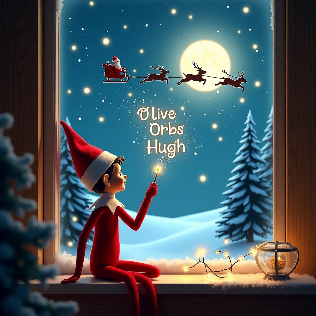 Enchanting scene of Elf on the Shelf by a window creating sparkles. Night sky features names Olive, Orbs, and Hugh. Silhouette of Santa in a sleigh with reindeer in the snowy landscape. Warm light from the window enhances the magical setting. Pine trees and starry sky enrich festive ambiance.