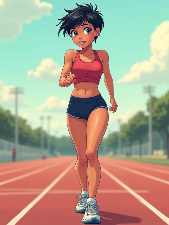 Full body portrait of a teenage girl with tanned skin. Short black messy pixie hairstyle. Blue eyes and athletic midriff. Wearing a sports outfit with shorts and oversized sneakers. Background shows a running track. Soft and diffused lighting with smooth lines.