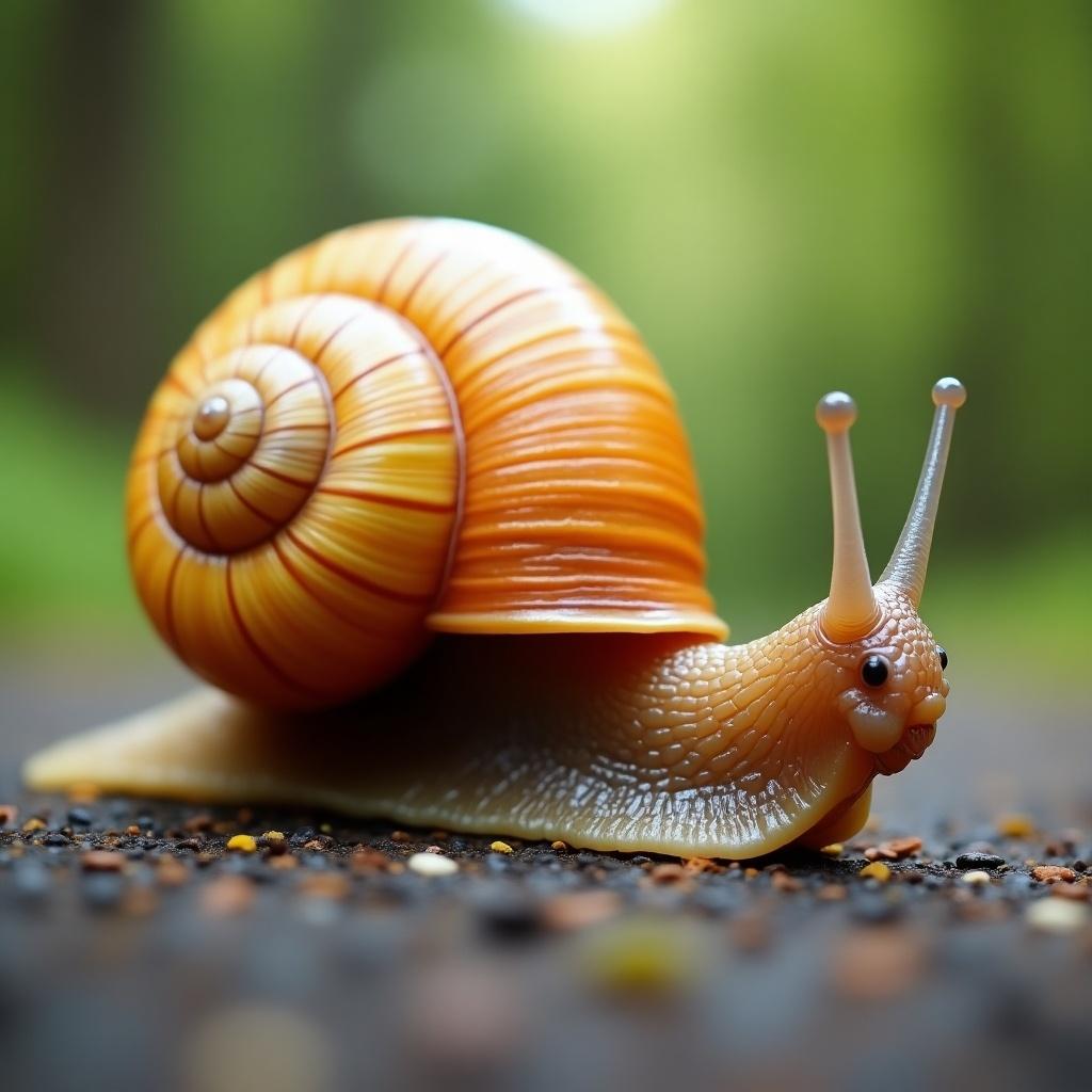 Snail with bright colors, moving slowly in a forest. Focus on the spiral shell and happy expression.